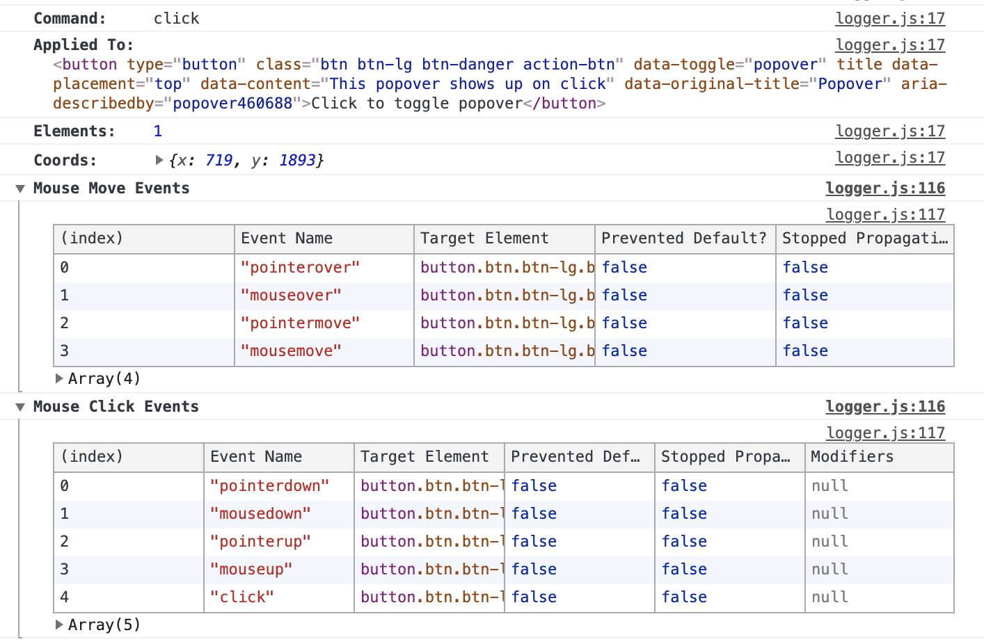 console.log for click