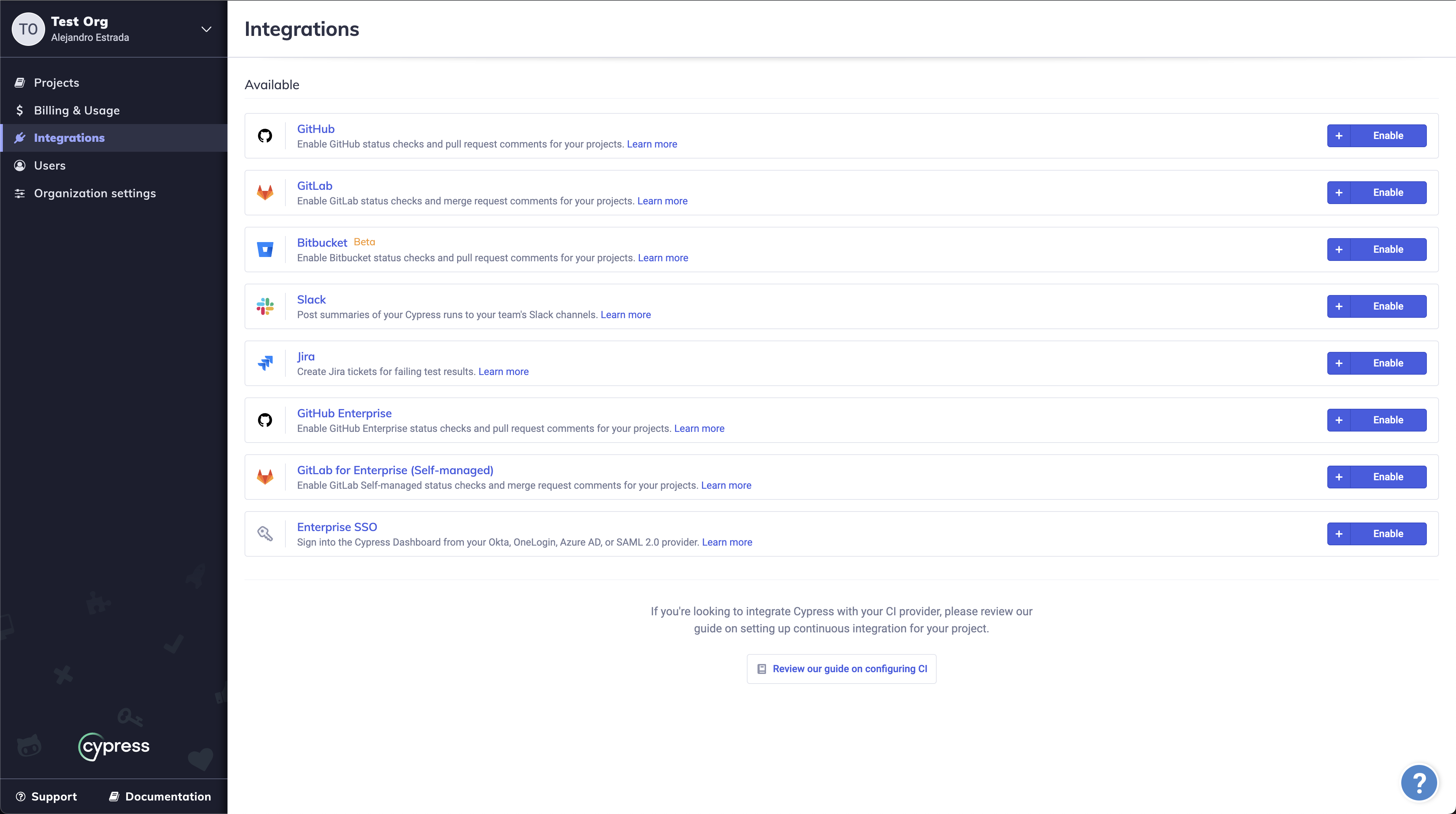 Cypress Dashboard Integrations